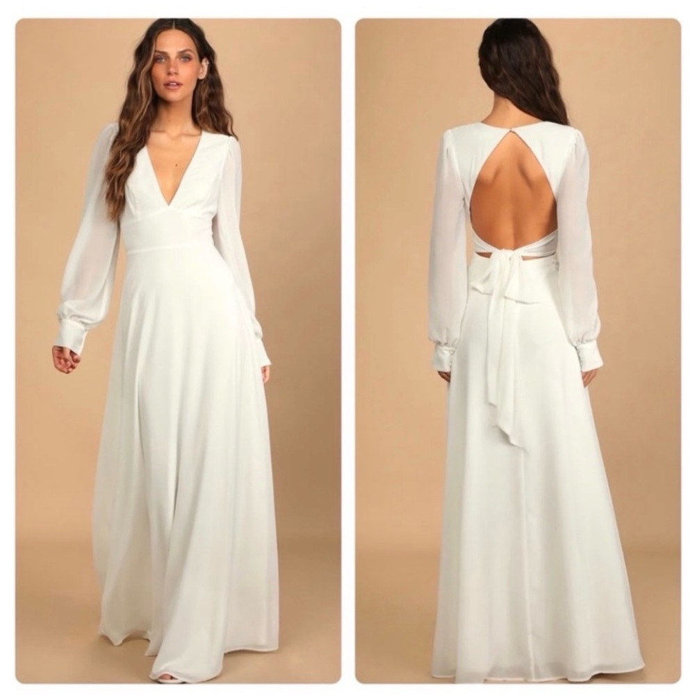 Lulu's White V-Neck Open-Back Maxi Dress